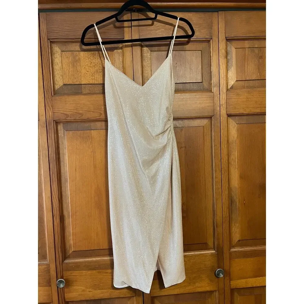 Black Halo Bowery Shirred Metallic Sheath Cocktail Dress Apricot Old Money SZ 2